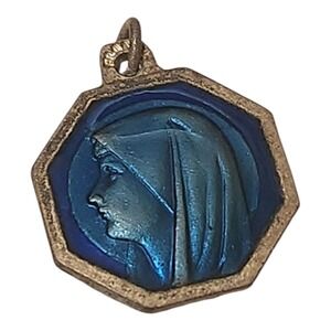 Vintage Religious Medal Virgin Mary Blue Enamel Silver‎ Tone Octagon Pendant